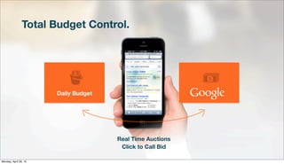 Total Budget Control.
Real Time Auctions
Click to Call Bid
Daily Budget
Monday, April 29, 13
 