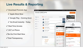 Live Results & Reporting
✓ Download Promote App
✓ Apple Store Now
✓ Google Play - Coming Soon
✓ Via Email Instantly - Today
✓ Real Time Access
✓ 24/7 on Phone
✓Be the First Start Now
✓Total Transparency
Monday, April 29, 13
 
