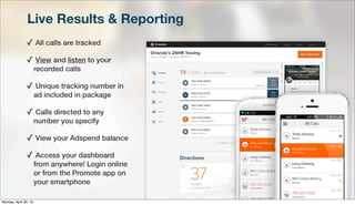 Live Results & Reporting
✓ All calls are tracked
✓ View and listen to your
recorded calls
✓ Unique tracking number in
ad included in package
✓ Calls directed to any
number you specify
✓ View your Adspend balance
✓ Access your dashboard
from anywhere! Login online
or from the Promote app on
your smartphone
Monday, April 29, 13
 