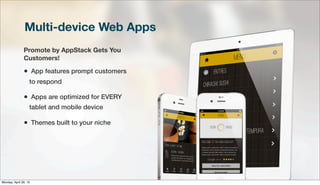 Multi-device Web Apps
Promote by AppStack Gets You
Customers!
• App features prompt customers
to respond
• Apps are optimized for EVERY
tablet and mobile device
• Themes built to your niche
Monday, April 29, 13
 