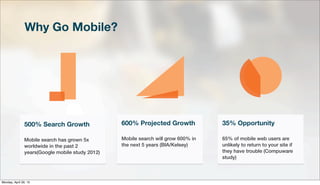 Why Go Mobile?
500% Search Growth
Mobile search has grown 5x
worldwide in the past 2
years(Google mobile study 2012)
600% Projected Growth
Mobile search will grow 600% in
the next 5 years (BIA/Kelsey)
35% Opportunity
65% of mobile web users are
unlikely to return to your site if
they have trouble (Compuware
study)
Monday, April 29, 13
 