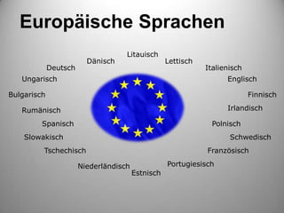 Europäische Sprachen
                                    Litauisch
                         Dänisch                   Lettisch
             Deutsch                                          Italienisch
   Ungarisch                                                        Englisch

Bulgarisch                                                                  Finnisch

   Rumänisch                                                        Irlandisch

         Spanisch                                               Polnisch
    Slowakisch                                                       Schwedisch
         Tschechisch                                          Französisch

                       Niederländisch              Portugiesisch
                                        Estnisch
 