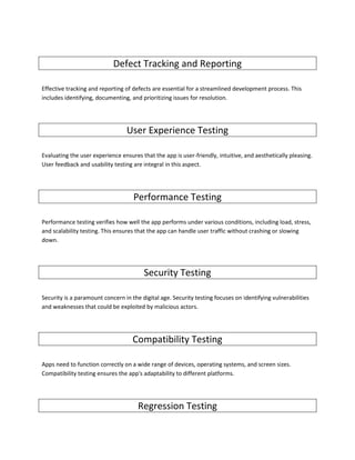 Defect Tracking and Reporting
Effective tracking and reporting of defects are essential for a streamlined development process. This
includes identifying, documenting, and prioritizing issues for resolution.
User Experience Testing
Evaluating the user experience ensures that the app is user-friendly, intuitive, and aesthetically pleasing.
User feedback and usability testing are integral in this aspect.
Performance Testing
Performance testing verifies how well the app performs under various conditions, including load, stress,
and scalability testing. This ensures that the app can handle user traffic without crashing or slowing
down.
Security Testing
Security is a paramount concern in the digital age. Security testing focuses on identifying vulnerabilities
and weaknesses that could be exploited by malicious actors.
Compatibility Testing
Apps need to function correctly on a wide range of devices, operating systems, and screen sizes.
Compatibility testing ensures the app's adaptability to different platforms.
Regression Testing
 