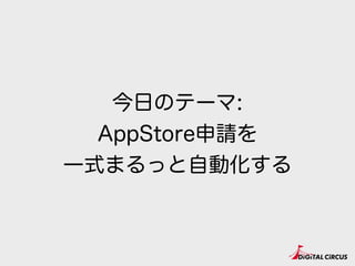 今日のテーマ:
AppStore申請を
一式まるっと自動化する
 