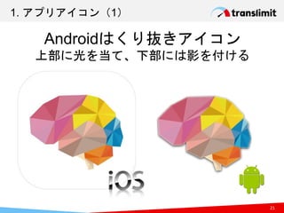 1. アプリアイコン（1）
21
Androidはくり抜きアイコン
上部に光を当て、下部には影を付ける
 