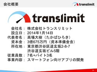 会社概要
： 株式会社トランスリミット
： 2014年1月14日
： 高場大樹（たかばひろき）
： 3億675万円（資本準備金含）
： 東京都渋谷区道玄坂2-8-7
渋谷道玄坂ビル5階
： 7名+バイト3名
： スマートフォン向けアプリの開発
会社名
設立日
代表者名
資本金
所在地
従業員数
事業内容
33
 