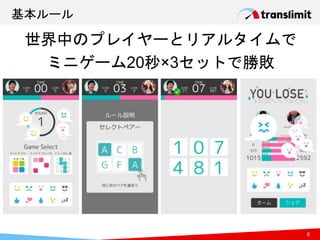 世界中のプレイヤーとリアルタイムで
ミニゲーム20秒×3セットで勝敗
基本ルール
8
 