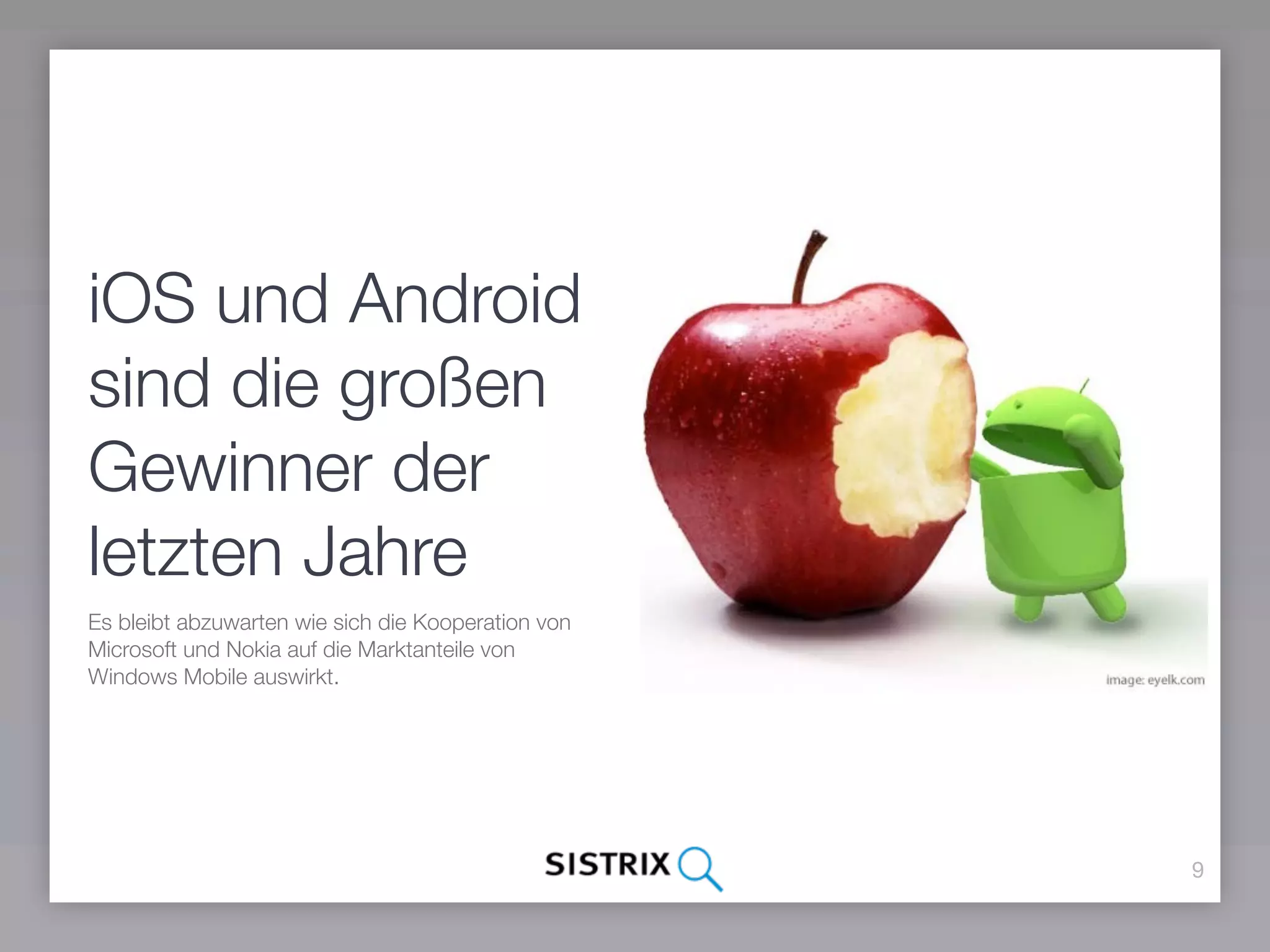 iOS und Android
sind die großen
Gewinner der
letzten Jahre
Es bleibt abzuwarten wie sich die Kooperation von
Microsoft und Nokia auf die Marktanteile von
Windows Mobile auswirkt.




                                                    9
 