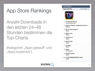 App Store Rankings

Anzahl Downloads in
den letzten 24–48
Stunden bestimmen die
Top-Charts

(Kategorien „Apps gekauft“ und
„Apps kostenlos“)


                                 18
 