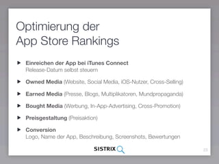Optimierung der
App Store Rankings
 Einreichen der App bei iTunes Connect
 Release-Datum selbst steuern

 Owned Media (Website, Social Media, iOS-Nutzer, Cross-Selling)

 Earned Media (Presse, Blogs, Multiplikatoren, Mundpropaganda)

 Bought Media (Werbung, In-App-Advertising, Cross-Promotion)

 Preisgestaltung (Preisaktion)

 Conversion
 Logo, Name der App, Beschreibung, Screenshots, Bewertungen

                                                                  23
 