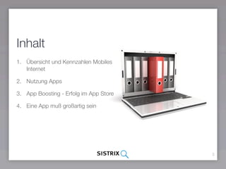 Inhalt
1. Übersicht und Kennzahlen Mobiles
   Internet

2. Nutzung Apps

3. App Boosting - Erfolg im App Store

4. Eine App muß großartig sein




                                        3
 