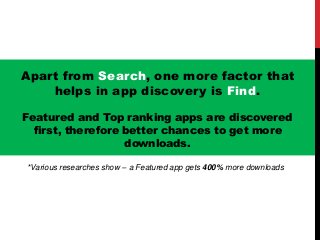 Apart from Search, one more factor that
helps in app discovery is Find.
Featured and Top ranking apps are discovered
first, therefore better chances to get more
downloads.
*Various researches show – a Featured app gets 400% more downloads
 