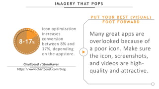 I M A G E RY T H AT P O P S
Chartboost / StoreMaven
https://www.chartboost.com/blog
Many great apps are
overlooked because of
a poor icon. Make sure
the icon, screenshots,
and videos are high-
quality and attractive.
P U T Y O U R B E S T ( V I S U A L )
F O O T F O RWA R D
8-17%
Icon optimization
increases
conversion
between 8% and
17%, depending
on the appstore.
 