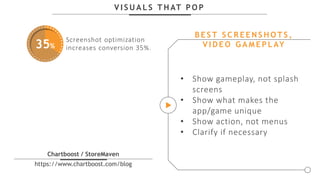 V I S U A L S T H AT P O P
Chartboost / StoreMaven
https://www.chartboost.com/blog
• Show gameplay, not splash
screens
• Show what makes the
app/game unique
• Show action, not menus
• Clarify if necessary
B E S T S C R E E N S H O T S ,
V I D E O G A M E P L AY35%
Screenshot optimization
increases conversion 35%.
 