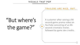V I S U A L S T H AT P O P
A customer after seeing a 90
second game promo video on
YouTube consisting of an 85
second cinematic trailer,
followed by game dev credits.
T R A I L E R S A R E N I C E , B U T …
“But where’s
the game?”
 