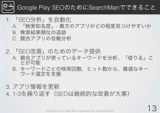 Google Play SEOのためにSearchManでできること

1.  「SEO分析」を自動化
 A.  「検索知名度」- 貴方のアプリがどの程度見つけやすいか
 B.  検索結果順位の追跡
 C.  競合アプリの自動分析

2.  「SEO改善」のためのデータ提供
 A.  競合アプリが使っているキーワードを分析、「借りる」こ
     とが可能
 B.  キーワードごとの検索回数、ヒット数から、最適なキー
     ワード選定を支援

3.  アプリ情報を更新
4.  1-3を繰り返す（SEOは継続的な改善が大事）

         Copyright 2011-2013 SearchMan & AppGrooves Corp. All Rights Reserved.   13
 