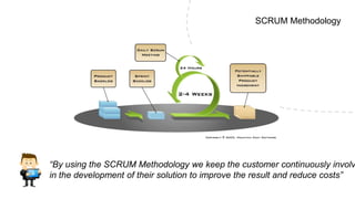 SCRUM Methodology




“By using the SCRUM Methodology we keep the customer continuously involv
in the development of their solution to improve the result and reduce costs”
 