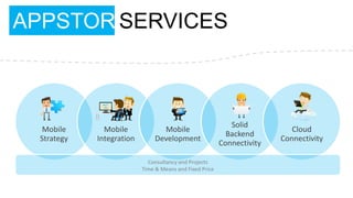 APPSTORY
       SERVICES



                                                            Solid
  Mobile      Mobile             Mobile                                    Cloud
                                                           Backend
 Strategy   Integration        Development                              Connectivity
                                                         Connectivity

                            Consultancy and Projects
                          Time & Means and Fixed Price
 