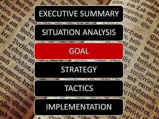 EXECUTIVE SUMMARY
SITUATION ANALYSIS
GOAL
STRATEGY
TACTICS
IMPLEMENTATION
 