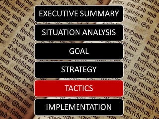 EXECUTIVE SUMMARY
SITUATION ANALYSIS
GOAL
STRATEGY
TACTICS
IMPLEMENTATION
 