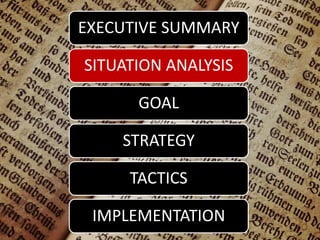 EXECUTIVE SUMMARY
SITUATION ANALYSIS
GOAL
STRATEGY
TACTICS
IMPLEMENTATION
 