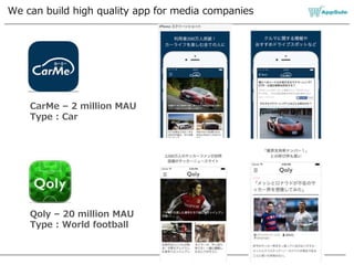 We can build high quality app for media companies
CarMe – 2 million MAU
Type : Car
Qoly – 20 million MAU
Type : World football
 