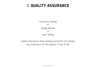 Apps with love / 2017
6 QUALITY ASSURANCE
Functional Testing
User Testing
Design Review
Quality Assurance starts already d...