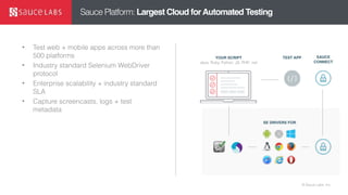 © Sauce Labs, Inc.
Sauce Platform: Largest Cloud forAutomated Testing
• Test web + mobile apps across more than
500 platforms
• Industry standard Selenium WebDriver
protocol
• Enterprise scalability + industry standard
SLA
• Capture screencasts, logs + test
metadata
TEST APP SAUCE
CONNECT
SE DRIVERS FOR
YOUR SCRIPT
Java, Ruby, Python, JS, PHP, .net
 