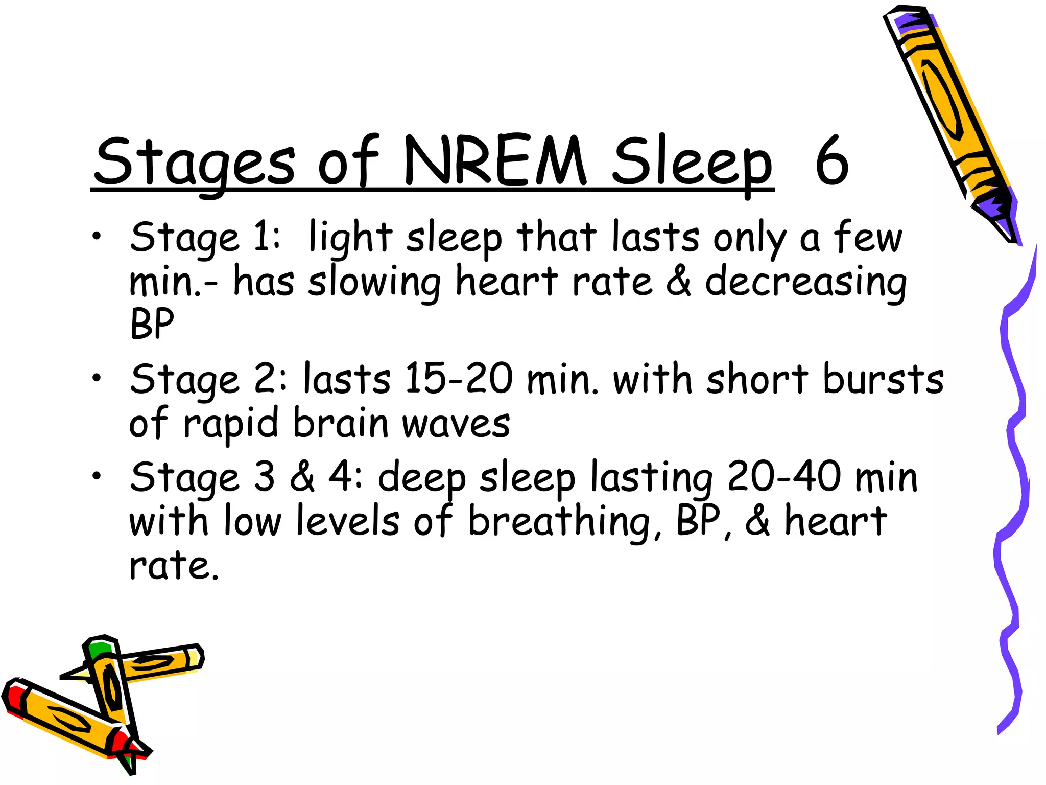 Stages of NREM Sleep 6
• Stage 1: light sleep that lasts only a few
min.- has slowing heart rate & decreasing
BP
• Stage 2: lasts 15-20 min. with short bursts
of rapid brain waves
• Stage 3 & 4: deep sleep lasting 20-40 min
with low levels of breathing, BP, & heart
rate.
 