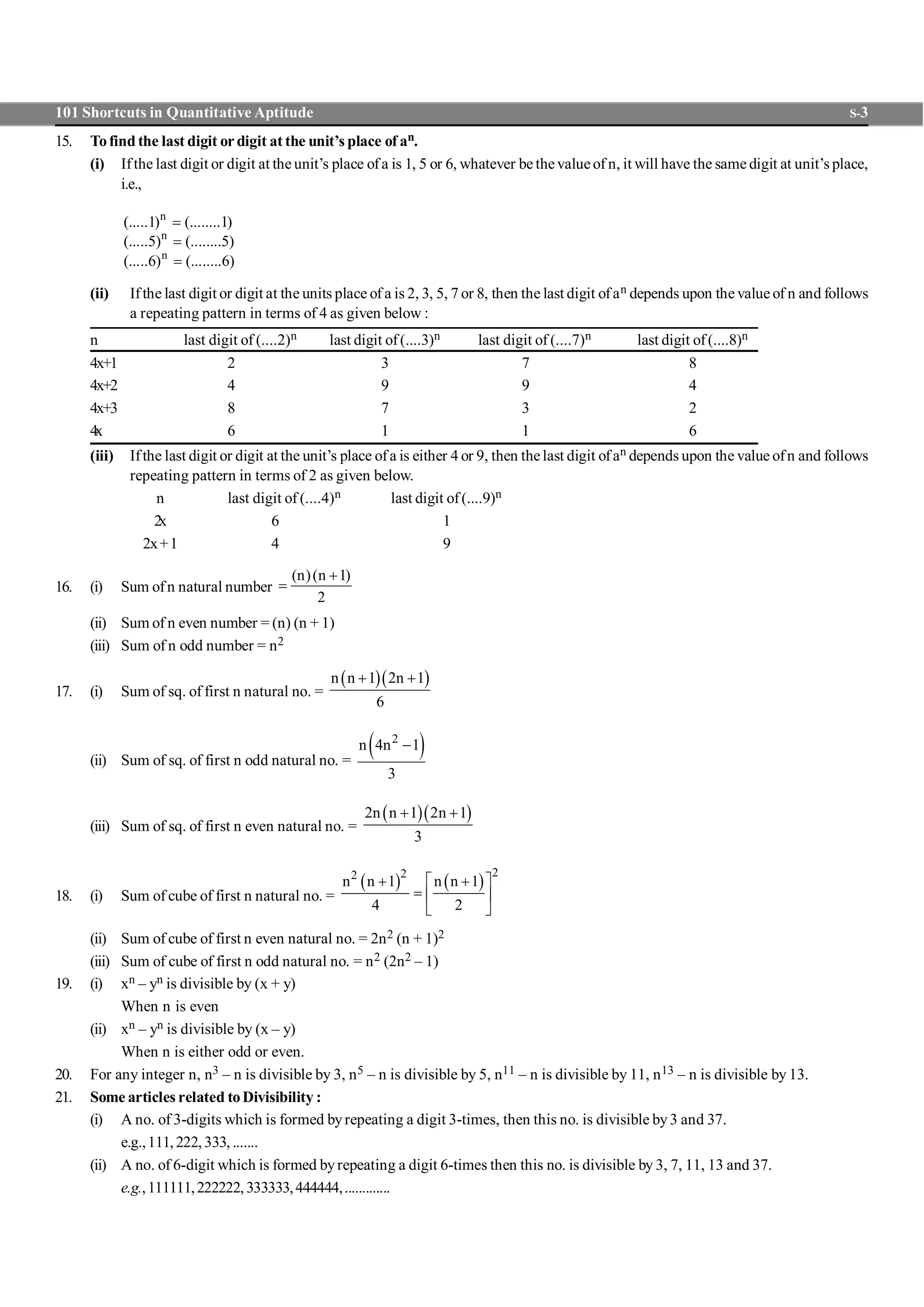 101 Shortcuts in Quantitative Aptitude S-3
15. Tofind the last digit or digit at the unit’s place of an.
(i) Ifthe last digit or digit at the unit’s place ofa is 1, 5 or 6, whatever be thevalueof n, it will have the same digit at unit’s place,
i.e.,
n
n
n
(.....1) (........1)
(.....5) (........5)
(.....6) (........6)
=
=
=
(ii) Ifthe last digit or digit at the units place of a is 2, 3, 5, 7 or 8, then the last digit ofan depends upon the value of n and follows
a repeating pattern in terms of 4 as given below :
n last digit of (....2)n last digit of(....3)n last digit of (....7)n last digit of(....8)n
4x+1 2 3 7 8
4x+2 4 9 9 4
4x+3 8 7 3 2
4x 6 1 1 6
(iii) Ifthe last digit or digit at the unit’s place ofa is either 4 or 9, then thelast digit ofan depends upon the value ofn and follows
repeating pattern in terms of 2 as given below.
n last digit of (....4)n last digit of(....9)n
2x 6 1
2x+1 4 9
16. (i) Sum ofn natural number
(n)(n 1)
2
+
=
(ii) Sum of n even number = (n) (n + 1)
(iii) Sum of n odd number = n2
17. (i) Sum of sq. of first n natural no. =
( )( )n n 1 2n 1
6
+ +
(ii) Sum of sq. of first n odd natural no. =
( )2
n 4n 1
3
-
(iii) Sum of sq. of first n even natural no. =
( )( )2n n 1 2n 1
3
+ +
18. (i) Sum of cube of first n natural no. =
( ) ( )
222
n n 1 n n 1
4 2
+ +é ù
= ê ú
ë û
(ii) Sum of cube of first n even natural no. = 2n2 (n + 1)2
(iii) Sum of cube of first n odd natural no. = n2 (2n2 – 1)
19. (i) xn – yn is divisible by (x + y)
When n is even
(ii) xn – yn is divisible by (x – y)
When n is either odd or even.
20. For any integer n, n3 – n is divisible by 3, n5 – n is divisible by 5, n11 – n is divisible by 11, n13 – n is divisible by 13.
21. Some articles related toDivisibility :
(i) A no. of 3-digits which is formed byrepeating a digit 3-times, then this no. is divisible by3 and 37.
e.g.,111,222,333,.......
(ii) A no. of 6-digit which is formed byrepeating a digit 6-times then this no. is divisible by 3, 7, 11, 13 and 37.
e.g.,111111,222222, 333333,444444,.............
 