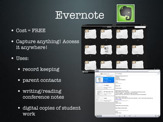 Evernote Cost = FREE Capture anything! Access it anywhere! Uses: record keeping parent contacts writing/reading conference notes digital copies of student work 