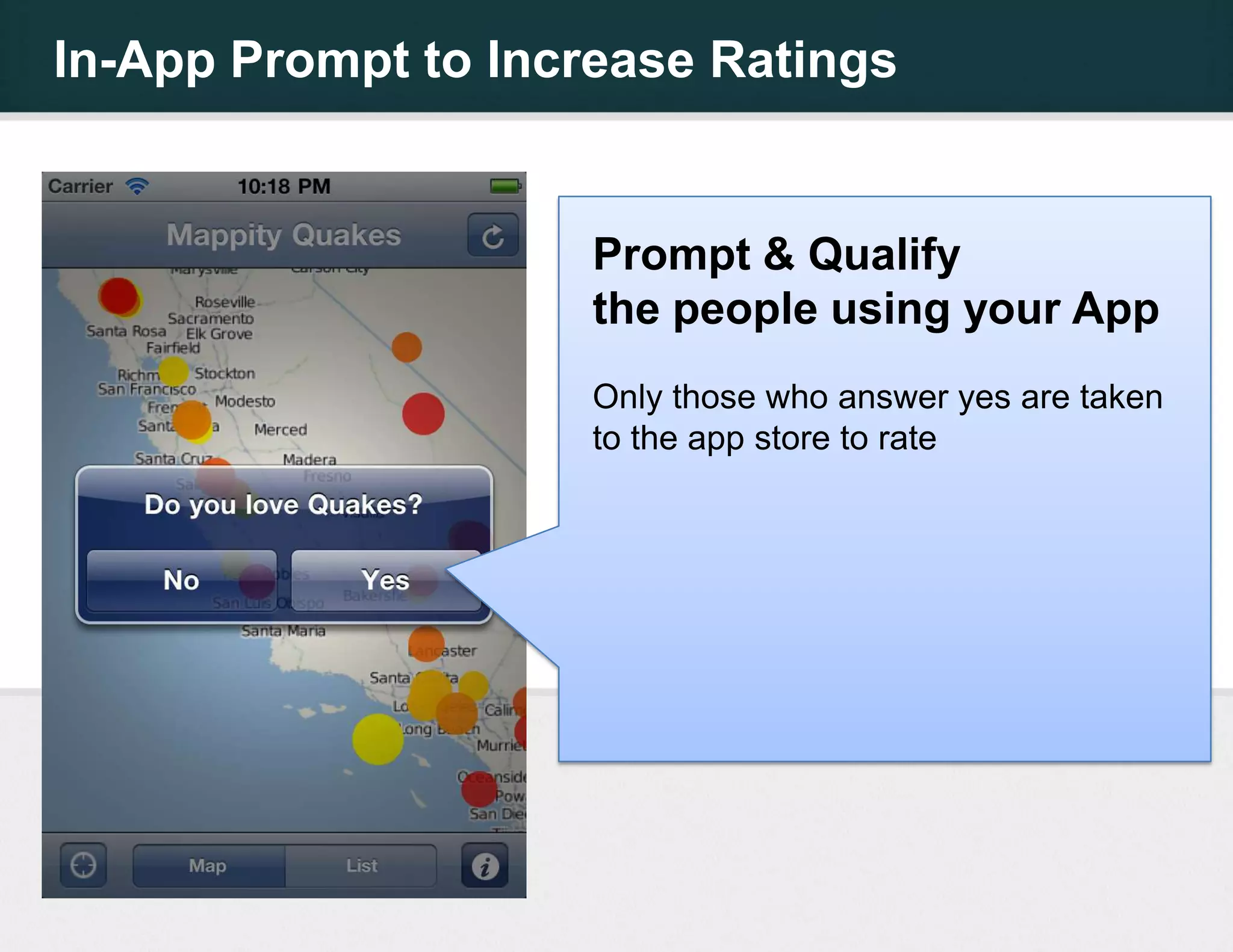 In-App Prompt to Increase Ratings


                     Prompt & Qualify
                     the people using your App
                     Only those who answer yes are taken
                     to the app store to rate
 