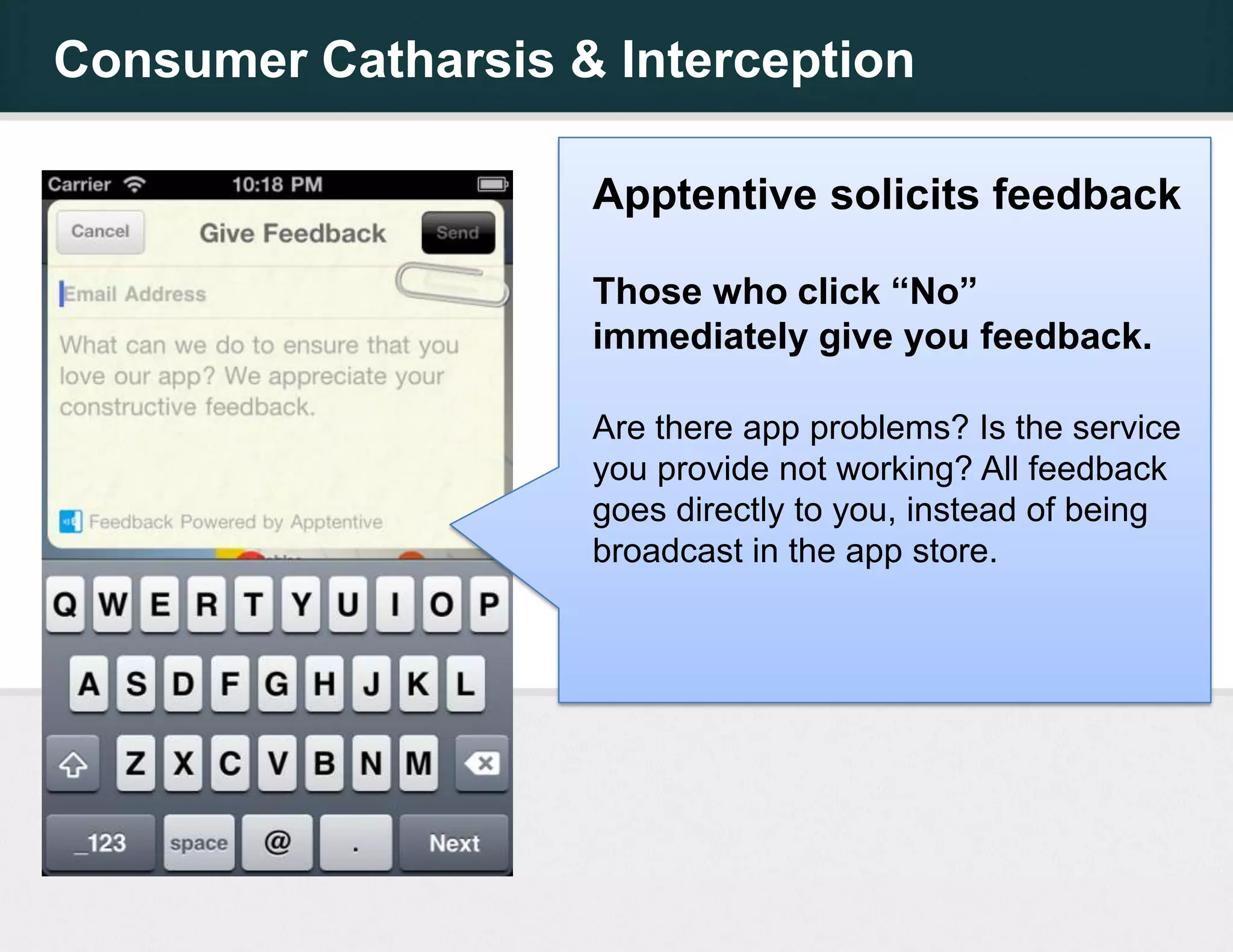 Consumer Catharsis & Interception

                    Apptentive solicits feedback

                    Those who click “No”
                    immediately give you feedback.

                    Are there app problems? Is the service
                    you provide not working? All feedback
                    goes directly to you, instead of being
                    broadcast in the app store.
 