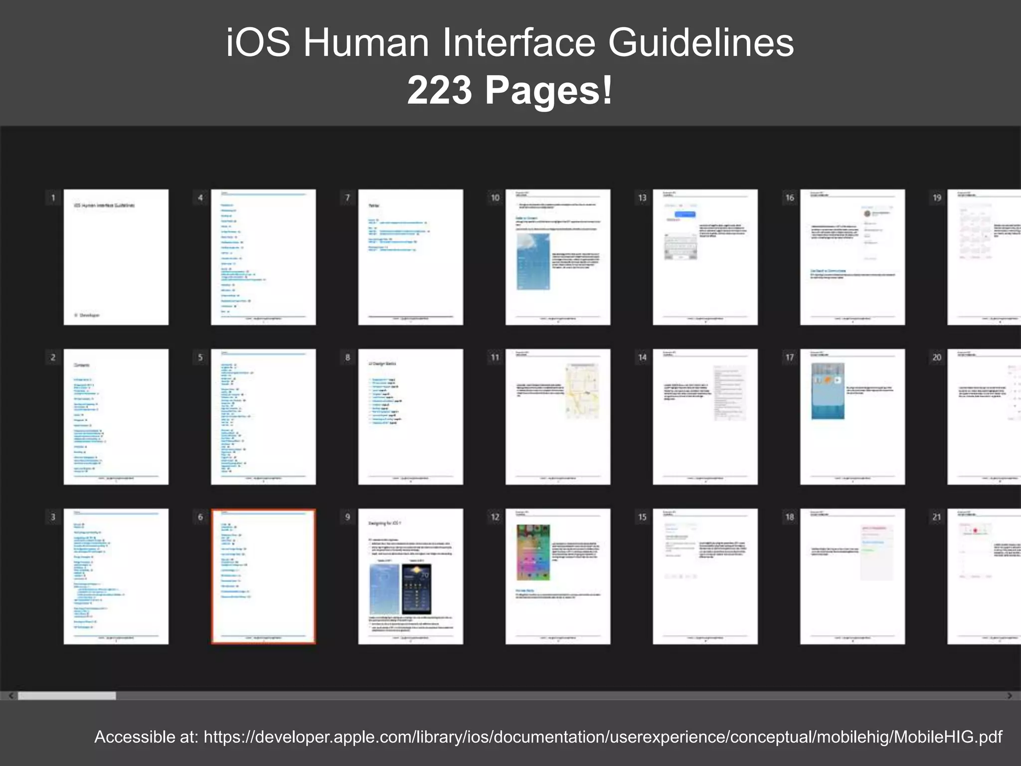 Accessible at: https://developer.apple.com/library/ios/documentation/userexperience/conceptual/mobilehig/MobileHIG.pdf
iOS Human Interface Guidelines
223 Pages!
 