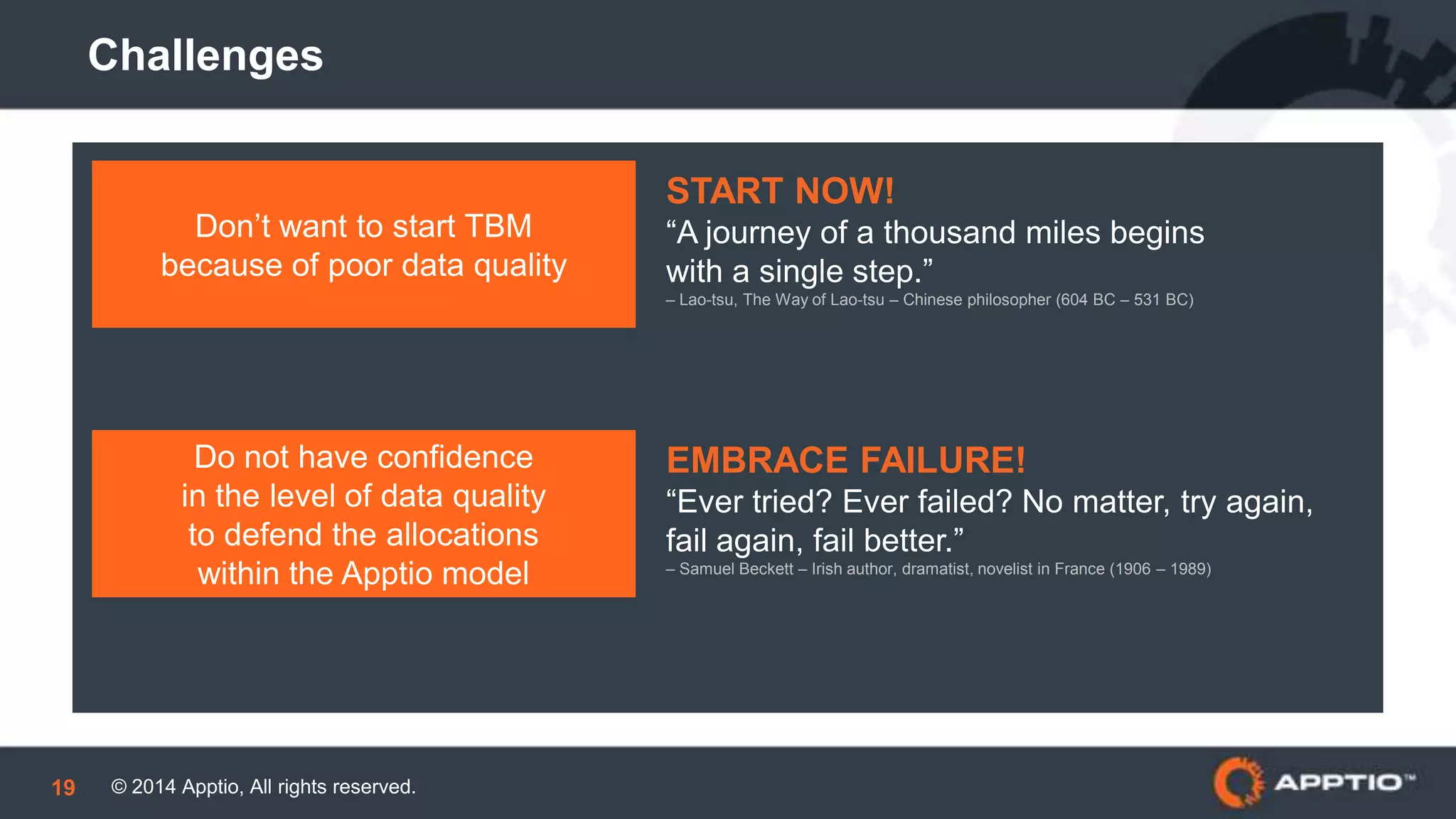 © 2014 Apptio, All rights reserved.19
Challenges
Don’t want to start TBM
because of poor data quality
Do not have confidence
in the level of data quality
to defend the allocations
within the Apptio model
START NOW!
“A journey of a thousand miles begins
with a single step.”
– Lao-tsu, The Way of Lao-tsu – Chinese philosopher (604 BC – 531 BC)
EMBRACE FAILURE!
“Ever tried? Ever failed? No matter, try again,
fail again, fail better.”
– Samuel Beckett – Irish author, dramatist, novelist in France (1906 – 1989)
 
