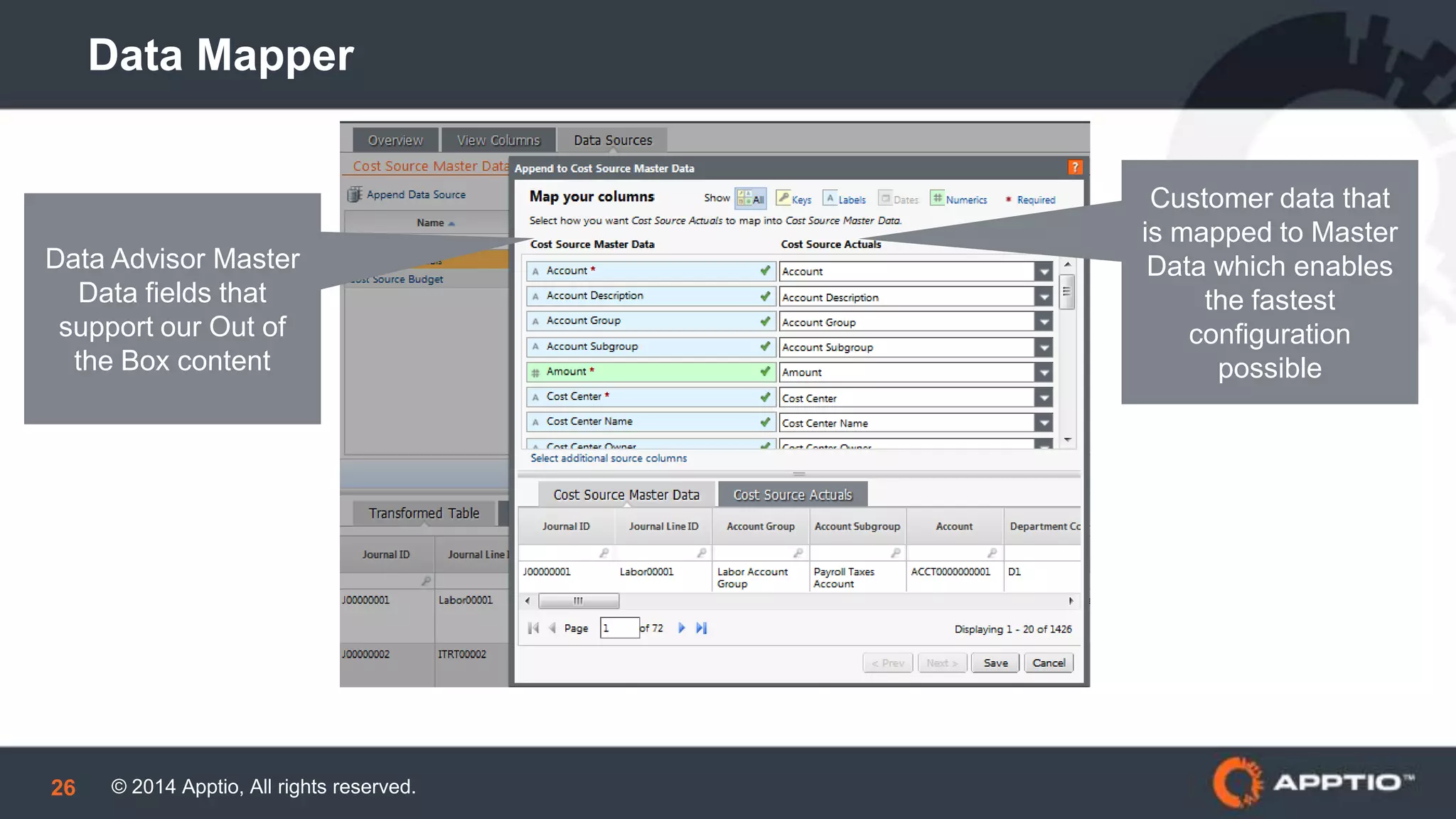 © 2014 Apptio, All rights reserved.26
Data Mapper
Data Advisor Master
Data fields that
support our Out of
the Box content
Customer data that
is mapped to Master
Data which enables
the fastest
configuration
possible
 