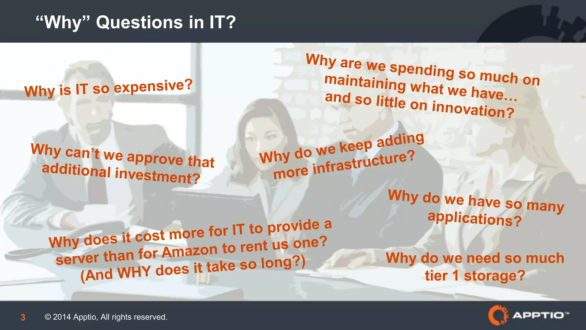 © 2014 Apptio, All rights reserved.3
“Why” Questions in IT?
Why do we need so much
tier 1 storage?
 
