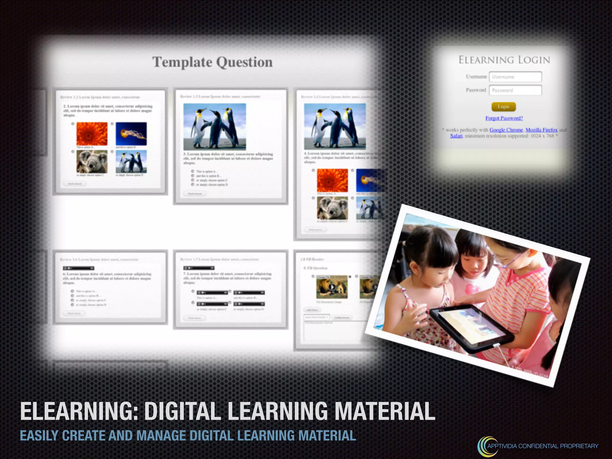 ELEARNING: DIGITAL LEARNING MATERIAL
EASILY CREATE AND MANAGE DIGITAL LEARNING MATERIAL
APPTIVIDIA CONFIDENTIAL PROPRIETARY
 