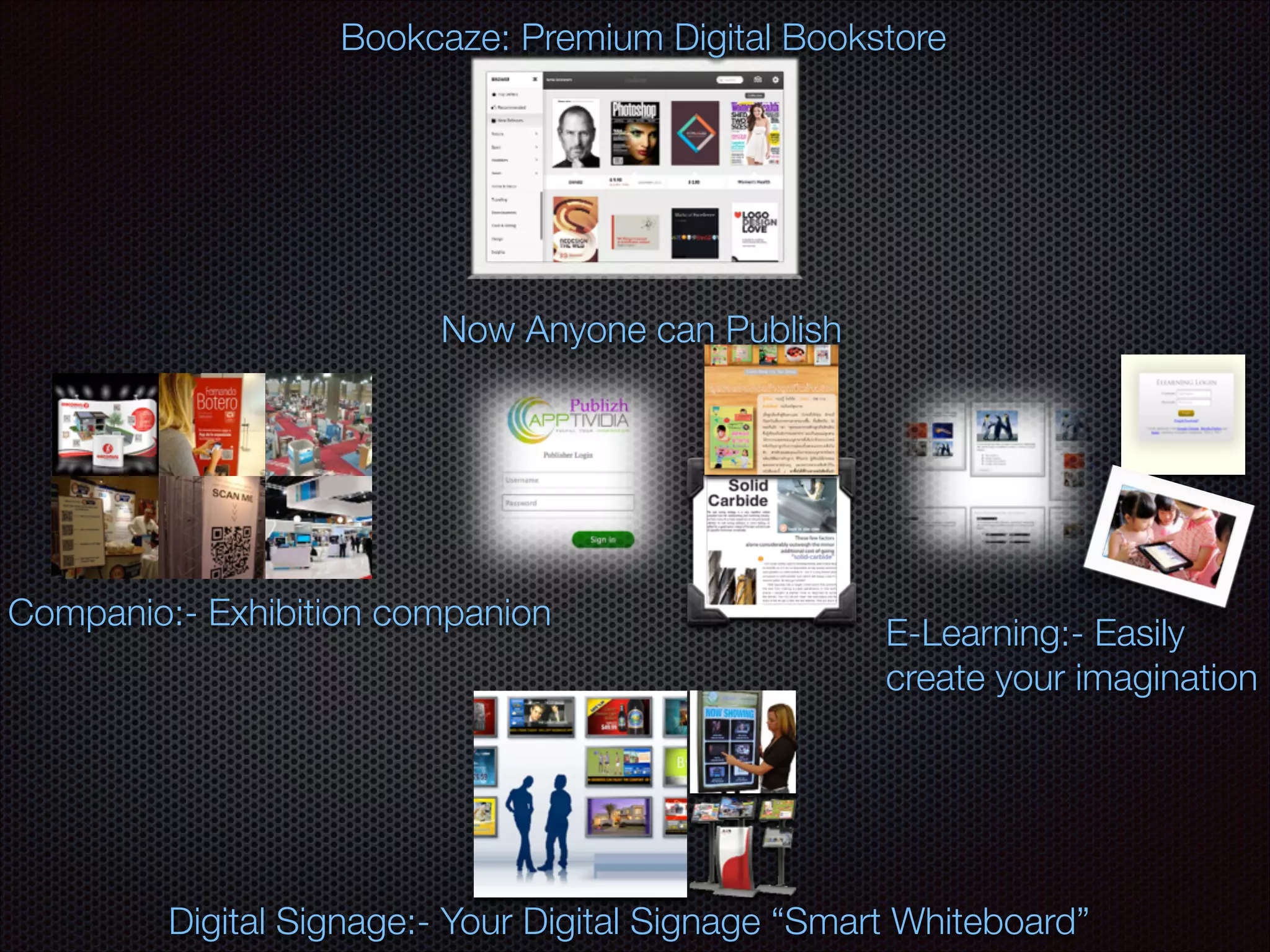 Bookcaze: Premium Digital Bookstore
Now Anyone can Publish
E-Learning:- Easily
create your imagination
Digital Signage:- Your Digital Signage “Smart Whiteboard”
Companio:- Exhibition companion
 