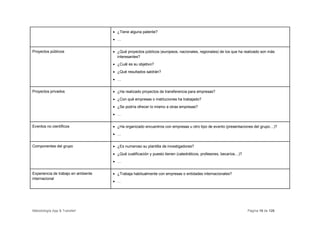• ¿Tiene alguna patente?
                                     • …


Proyectos públicos                   • ¿Qué proyectos públicos (europeos, nacionales, regionales) de los que ha realizado son más
                                       interesantes?
                                     • ¿Cuál es su objetivo?
                                     • ¿Qué resultados saldrán?
                                     • …


Proyectos privados                   • ¿Ha realizado proyectos de transferencia para empresas?
                                     • ¿Con qué empresas o instituciones ha trabajado?
                                     • ¿Se podría ofrecer lo mismo a otras empresas?
                                     • …


Eventos no científicos               • ¿Ha organizado encuentros con empresas u otro tipo de evento (presentaciones del grupo…)?
                                     • …


Componentes del grupo                • ¿Es numeroso su plantilla de investigadores?
                                     • ¿Qué cualificación y puesto tienen (catedráticos, profesores, becarios…)?
                                     • …


Experiencia de trabajo en ambiente   • ¿Trabaja habitualmente con empresas o entidades internacionales?
internacional
                                     • …




Metodología App & Transfer!                                                                                        Página 16 de 126
 