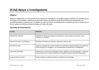 [5-Ad] Apoyo a investigadores
Objetivo

Mejorar la organización y funcionamiento de los equipos de investigación, en aquellos aspectos relativos a la transferencia de
tecnología y conocimiento, mediante la dinamización externa por parte de personal de la oficina de transferencia o de
consultores expertos (coaching, etc.). El objetivo es crear una cultura de transferencia e innovación que tras un tiempo de sus
frutos y genere una dinámica propia de trabajo en el seno del grupo.

Acciones de dinamización

ACCIÓN                                   OBJETIVO


Reuniones de creatividad                 Búsqueda de: nuevas oportunidades de transferencia, nuevos canales de promoción, nuevos
                                         contactos con empresas…


Reuniones de apoyo a la planificación    Estrategia de transferencia, marketing, negociación, presencia web…


Reuniones de apoyo                       Apoyar en la ejecución de acciones concretas de transferencia: labores de gestores de transferencia
                                         propios del grupo de investigación, uso de intermediarios de transferencia a investigadores…


Herramienta colaborativa                 Utilización de una herramienta colaborativa (intranet, plataforma web, blog corporativo…) que facilite
                                         la comunicación entre un grupo de miembros y de soporte el resto de acciones de dinamización.


Apoyo en tareas de soporte               Carga burocrática y de gestión asociada a la transferencia de tecnología.




Metodología App & Transfer!                                                                                             Página 22 de 126
 