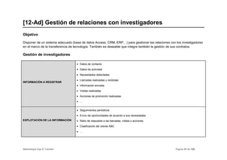 [12-Ad] Gestión de relaciones con investigadores
Objetivo

Disponer de un sistema adecuado (base de datos Access, CRM, ERP…) para gestionar las relaciones con los investigadores
en el marco de la transferencia de tecnología. También es deseable que integre también la gestión de sus contratos.

Gestión de investigadores

                                   • Datos de contacto
                                   • Datos de actividad
                                   • Necesidades detectadas
                                   • Llamadas realizadas y recibidas
INFORMACIÓN A REGISTRAR
                                   • Información enviada
                                   • Visitas realizadas
                                   • Acciones de promoción realizadas
                                   • …


                                   • Seguimientos periódicos
                                   • Envío de oportunidades de acuerdo a sus necesidades
EXPLOTACIÓN DE LA INFORMACIÓN      • Ratio de respuesta a las llamadas, visitas o acciones
                                   • Clasificación del cliente ABC
                                   • …




Metodología App & Transfer!                                                                         Página 31 de 126
 