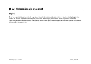 [5-Ai] Relaciones de alto nivel
Objetivo

Crear un grupo de trabajo que trate de organizar una acción de relaciones de alto nivel entre la universidad y los grandes
centros de decisión empresarial, tecnológico, político, etc., formado por personas con mucha experiencia, contactos
capacidad de relación a nivel directivo y ejecutivo. A medio y largo plazo, esta ruta puede ser útil para canalizar contratos de
colaboración y otras acciones.




Metodología App & Transfer!                                                                                  Página 53 de 126
 