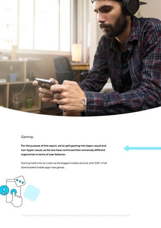 Mobile app trends 2021 6
Gaming:
3
https://techcrunch.com/2019/06/11/mobile-games-now-account-for-33-of-installs-10-of-time-and-74-of-consumer-spend/
For the purpose of this report, we’ve split gaming into hyper casual and
non-hyper casual, as the two have continued their extremely different
trajectories in terms of user behavior.
Gaming held onto its crown as the biggest mobile vertical, with 33% 3 of all
downloaded mobile apps now games.
 