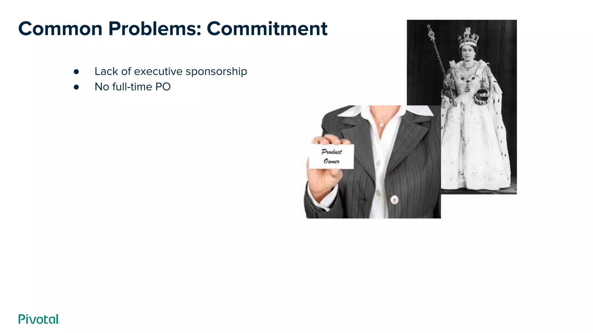 Common Problems: Commitment
● Lack of executive sponsorship
● No full-time PO
 