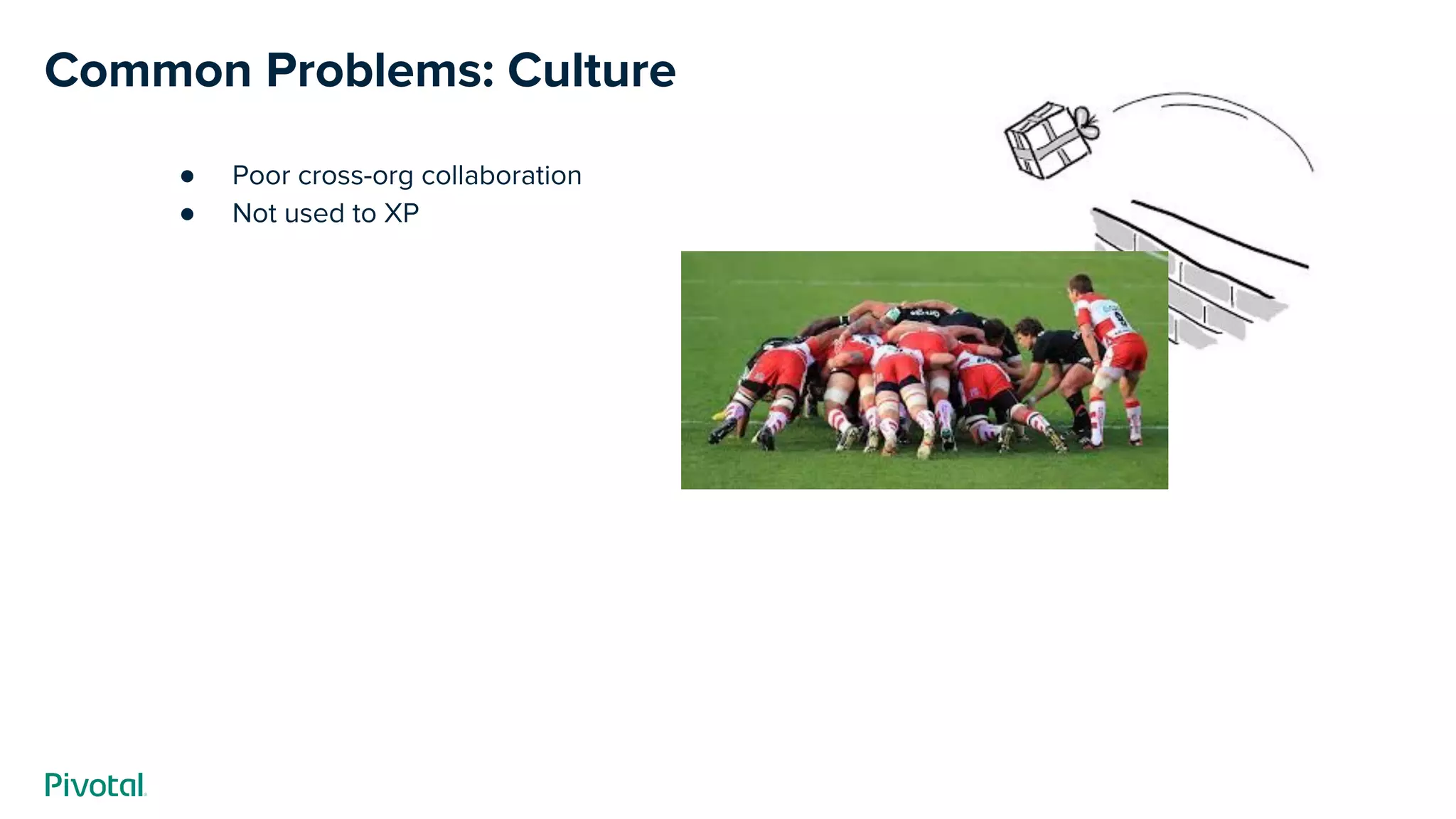 Common Problems: Culture
● Poor cross-org collaboration
● Not used to XP
 