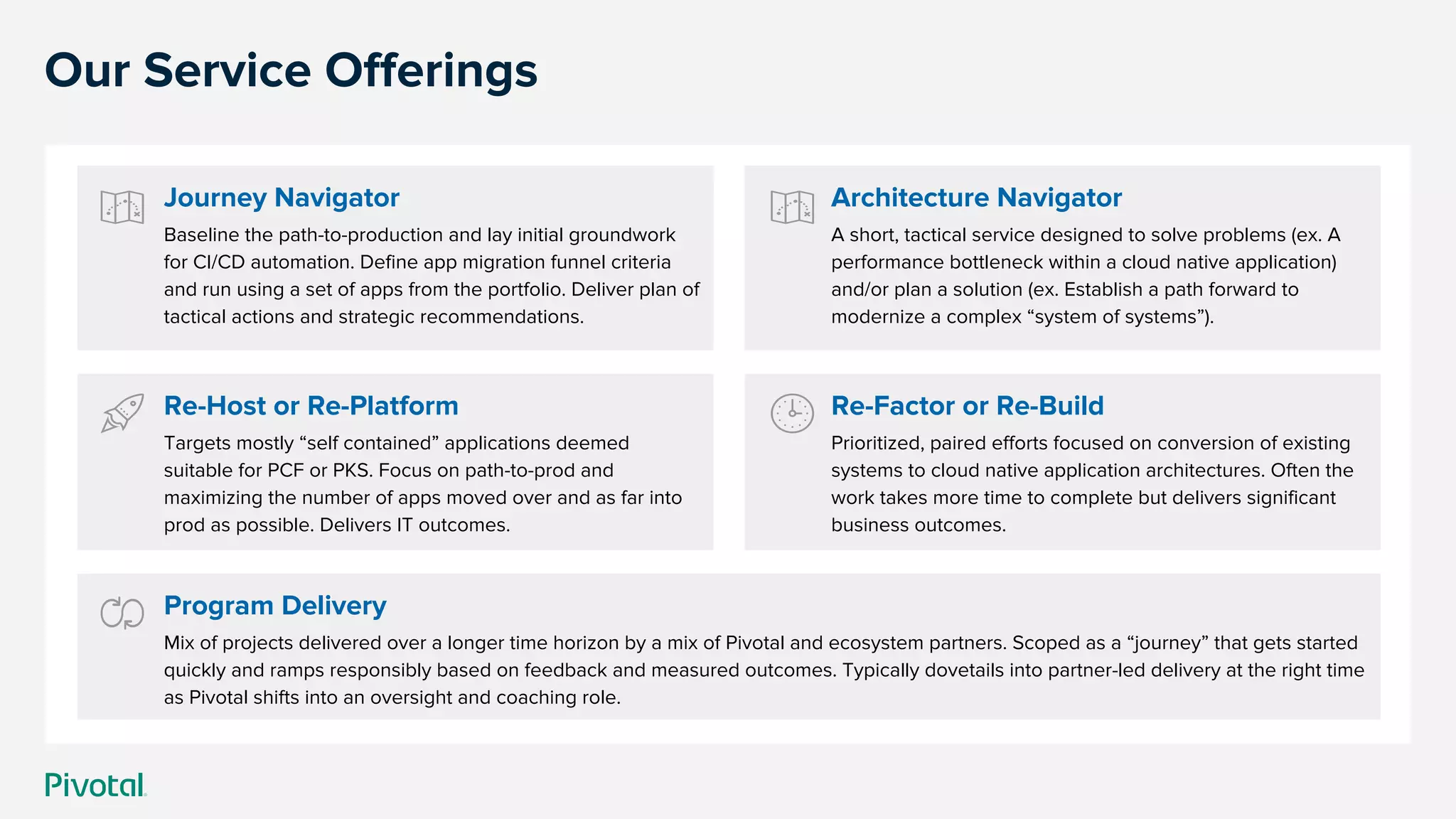 Our Service Offerings
Re-Factor or Re-Build
Prioritized, paired efforts focused on conversion of existing
systems to cloud native application architectures. Often the
work takes more time to complete but delivers significant
business outcomes.
Architecture Navigator
A short, tactical service designed to solve problems (ex. A
performance bottleneck within a cloud native application)
and/or plan a solution (ex. Establish a path forward to
modernize a complex “system of systems”).
Re-Host or Re-Platform
Targets mostly “self contained” applications deemed
suitable for PCF or PKS. Focus on path-to-prod and
maximizing the number of apps moved over and as far into
prod as possible. Delivers IT outcomes.
Program Delivery
Mix of projects delivered over a longer time horizon by a mix of Pivotal and ecosystem partners. Scoped as a “journey” that gets started
quickly and ramps responsibly based on feedback and measured outcomes. Typically dovetails into partner-led delivery at the right time
as Pivotal shifts into an oversight and coaching role.
Journey Navigator
Baseline the path-to-production and lay initial groundwork
for CI/CD automation. Define app migration funnel criteria
and run using a set of apps from the portfolio. Deliver plan of
tactical actions and strategic recommendations.
 