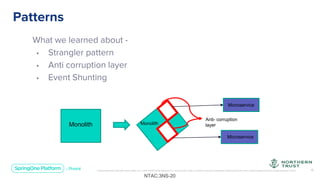 Unless otherwise indicated, these slides are © 2013-2019 Pivotal Software, Inc. and licensed under a Creative Commons Attribution-NonCommercial license: http://creativecommons.org/licenses/by-nc/3.0/ 16
What we learned about -
• Strangler pattern
• Anti corruption layer
• Event Shunting
Patterns
NTAC:3NS-20
Monolith Monolith
Microservice
Microservice
Anti- corruption
layer
 