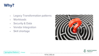 Unless otherwise indicated, these slides are © 2013-2019 Pivotal Software, Inc. and licensed under a Creative Commons Attribution-NonCommercial license: http://creativecommons.org/licenses/by-nc/3.0/ 5
• Legacy Transformation patterns
• Workloads
• Security & Data
• Vendor Integration
• Skill shortage
Why?
NTAC:3NS-20
 