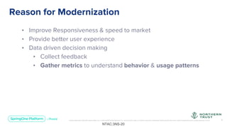 Unless otherwise indicated, these slides are © 2013-2019 Pivotal Software, Inc. and licensed under a Creative Commons Attribution-NonCommercial license: http://creativecommons.org/licenses/by-nc/3.0/ 9
• Improve Responsiveness & speed to market
• Provide better user experience
• Data driven decision making
• Collect feedback
• Gather metrics to understand behavior & usage patterns
Reason for Modernization
NTAC:3NS-20
 